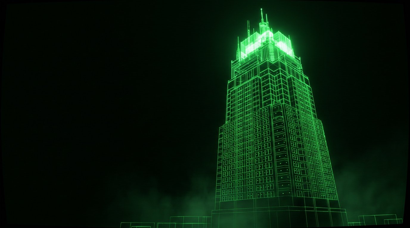 A glowing green wireframe office tower on black